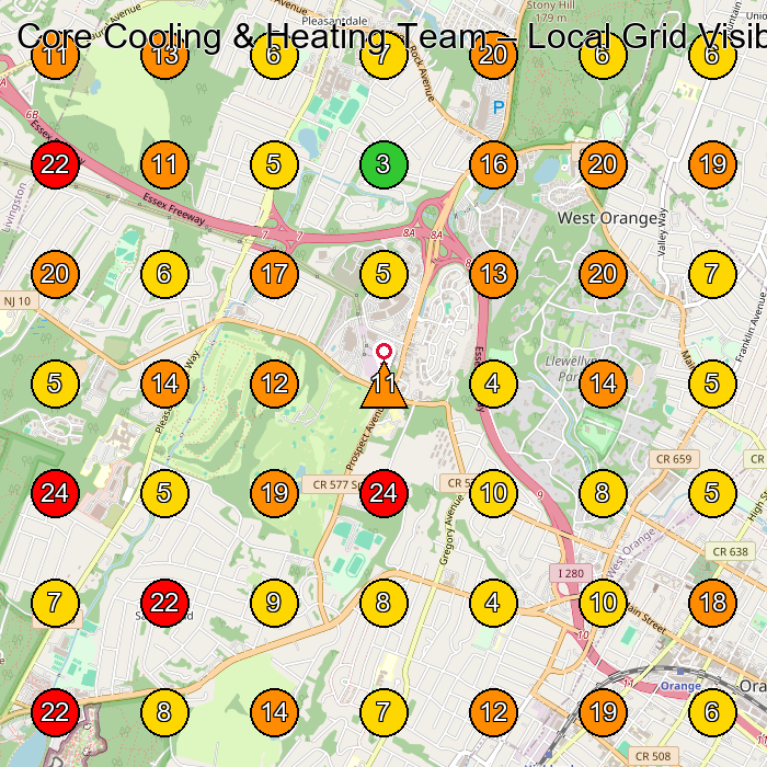 Core Cooling & Heating Team Hvac Contractor GeoGrid ranking map for West Orange NJ